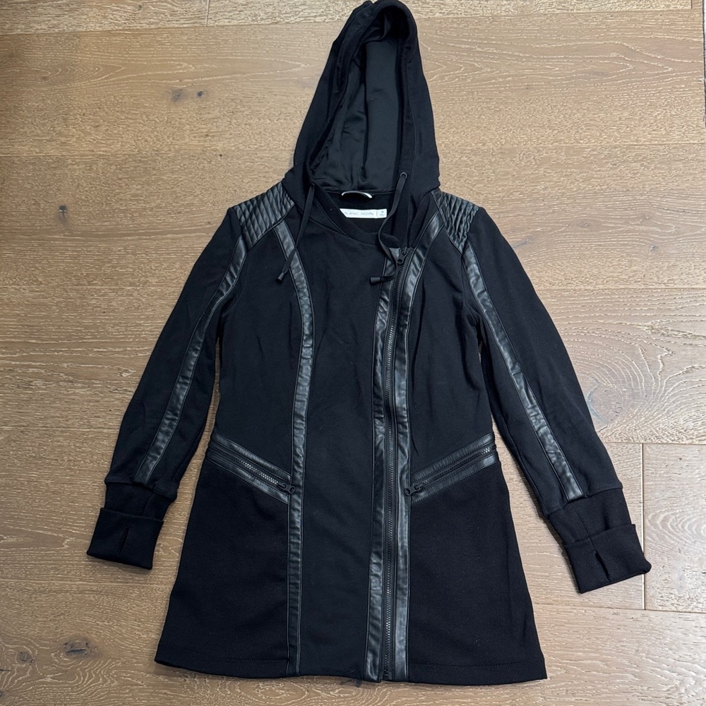 Blanc Noir Black Moto Hooded Jacket Faux Leather Trim Size M - Picture 4 of 8